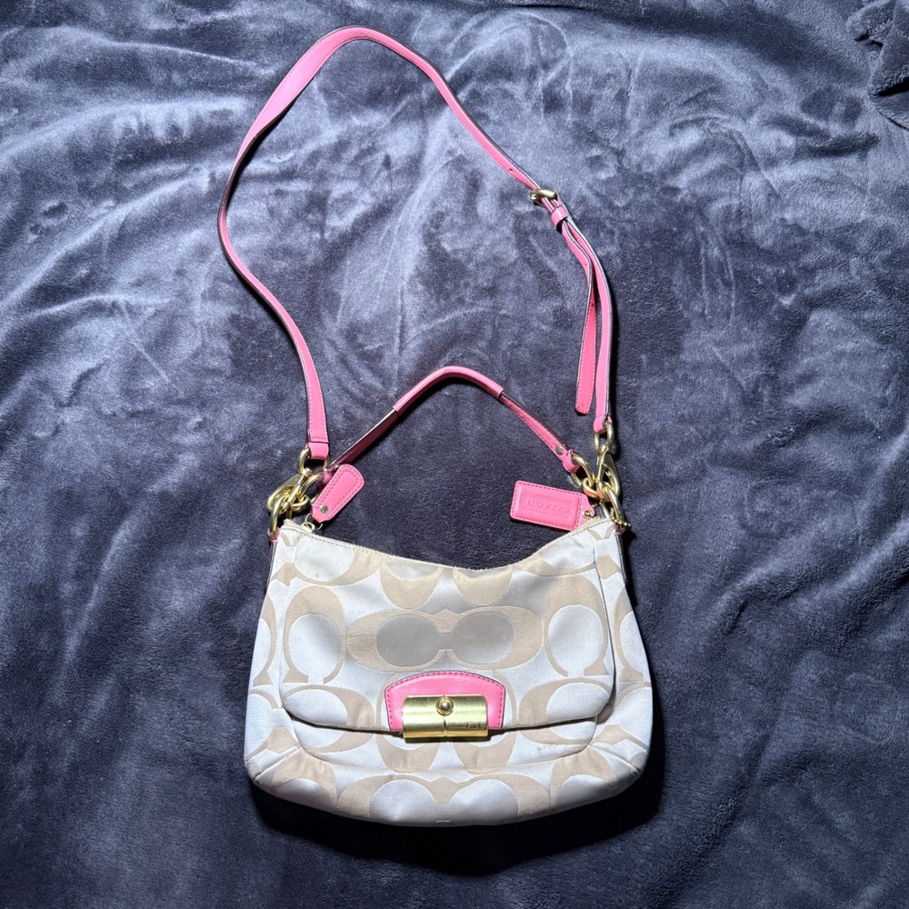 Coach F22302 Signature C Beige Pink Leather Trim Shoulder Crossbody Bag